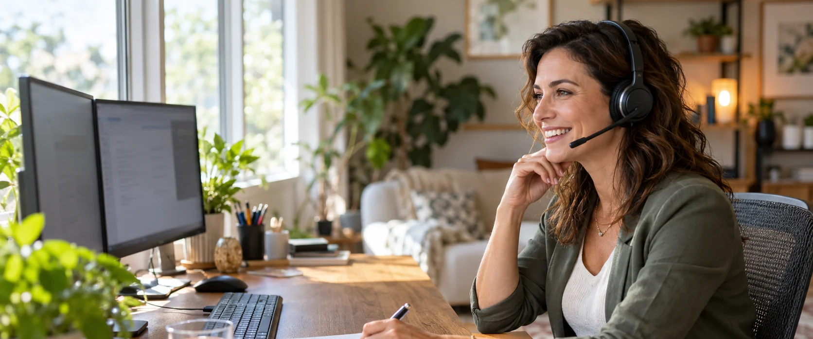 A phone sales agent on a headset, working from a home office.