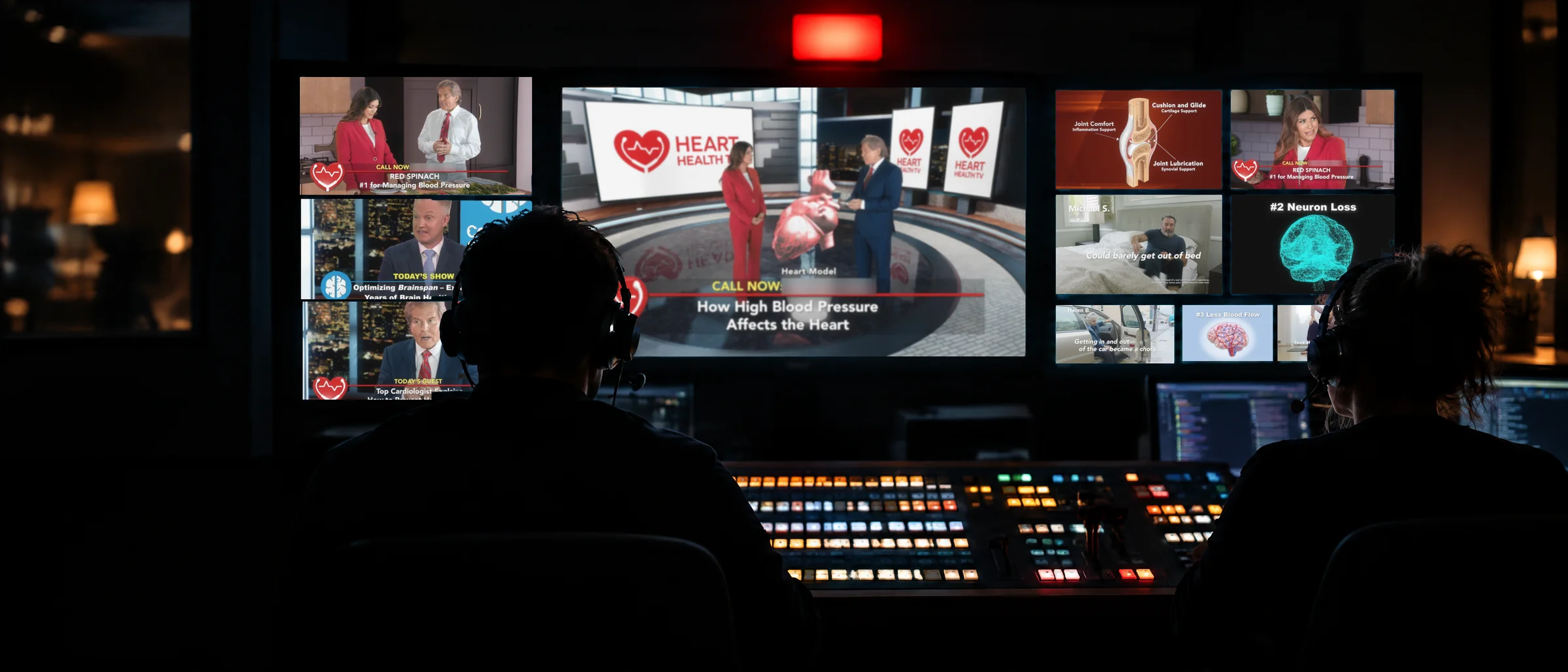A TV control room at night, with crew in headsets watching our supplement shows and testimonial ads play on a wall of monitors