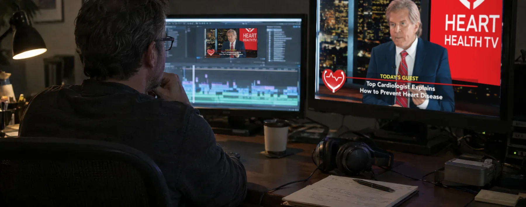 An editor reviewing a talk-show style TV program in an edit suite
