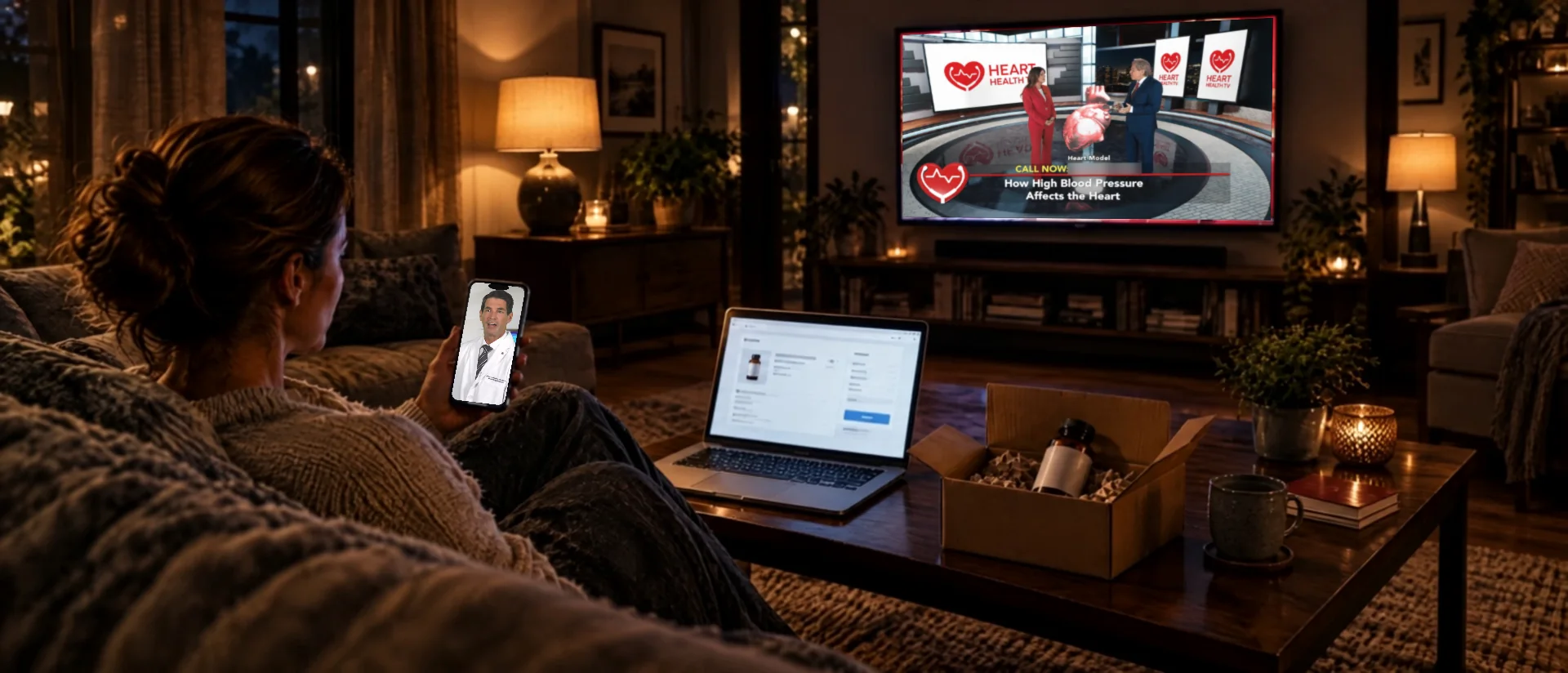 A woman at home in the evening watching one of our supplement shows on TV while a doctor's video plays on her phone, with a checkout open on her laptop and the delivered bottle on the coffee table